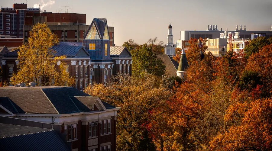 Aerial view of University of Kentucky campus with fall colors