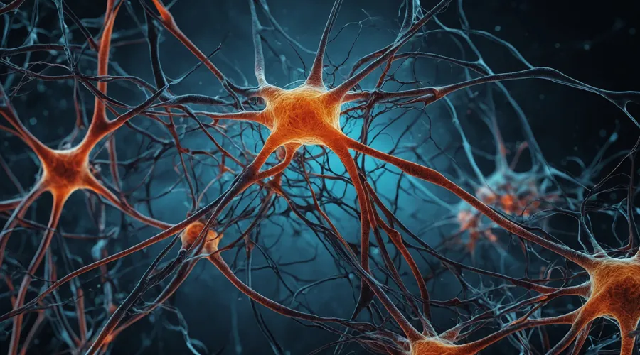 Microscopic view of neurons, orange with dark background. 