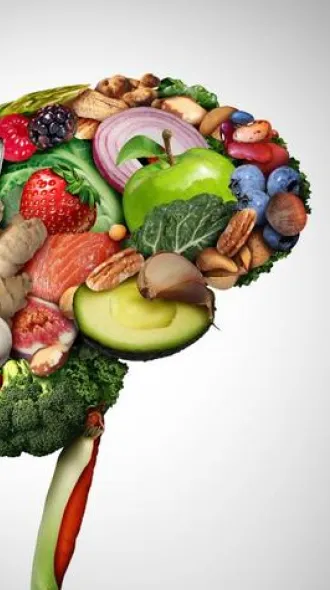 Several healthy foods layered together in the shape of the human brain.