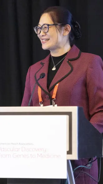 Lu speaks during Plenary Session 2 at the 2025 Vascular Discovery Scientific Sessions April 23 in Baltimore, Maryland. 