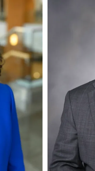 Two headshots sit next to one another. One of a woman in a blue cardigan, and the other of a man in a gray suit and blue tie.