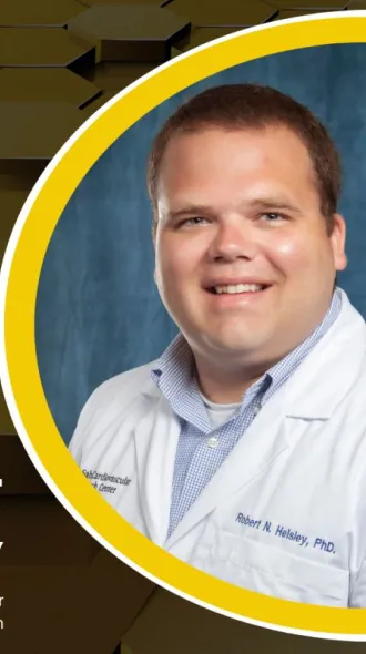 Graphic announcing the 2025 ASBMB Awards. On the left, a laurel wreath surrounds the text '2025 ASBMB Awards.' Below, it reads 'Robert Helsley – Walter A. Shaw Young Investigator Award in Lipid Research.' On the right, there is a portrait of Robert Helsley, PhD, wearing a white lab coat and smiling, framed by a yellow circle.
