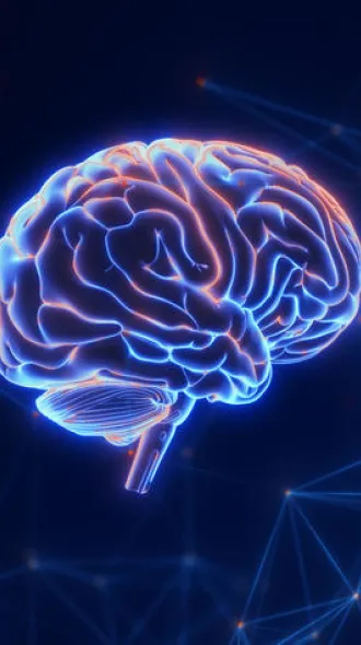 Glowing digital brain with blue and orange neon outlines, set against a dark background with connecting points and lines, conveying a futuristic, technological feel.