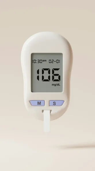A blood sugar monitor, reading 106 mg/dl at 10:30 in the morning on February 1st.