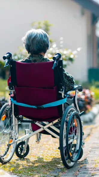 Elderly person in a wheelchair on a sunlit path, surrounded by greenery and houses. The scene conveys tranquility and contemplation.
