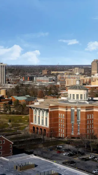 An aerial view of the UK campus, focused on the UK library.