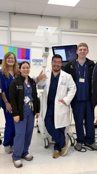 UK HealthCare's Interventional Pulmonary Team. Pictured left to right are: Ashish Maskey, MD, April Allen, RN, Brenda Garcia, MD, Scott Yee, MD, Matthew McCoy, APRN, and Michael Wardlow-Todd. Not pictured are Jasmine Mead, RN, and Cheryl Lewis.