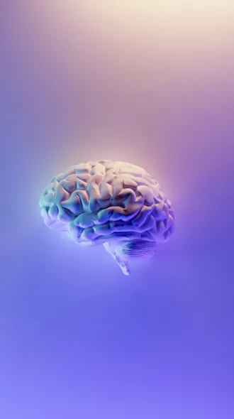 A 3D model rendering of the human brain against a multi-color, gradient background.