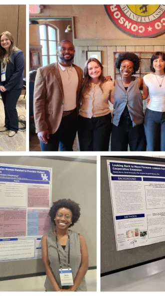 Top left, left to right: man in checkered jacket and tan pants, woman in black blazer and pants, woman in tan hijab and red dress, woman in navy blazer and pants. top right, left to right: man in tan blazer, white shirt, black pants, woman white shirt black pants, woman gray vest black pants, woman white shirt black pants, woman tan hijab red dress, woman green shirt and black white patterned skirt. bottom lft: woman standing to the right of a poster in gray vest, bottom rt woman rt of poster in tan