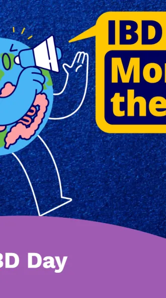 A graphic of an animated earth yelling through a megaphone, with the message "IBD is more than the Gut." Beneath the earth, it reads "World IBD day is May 19"