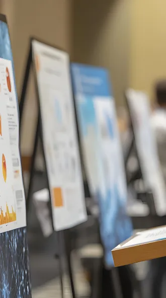 A woman looks at displayed scientific posters during a conference