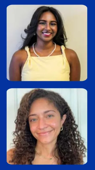 Two headshots of students: Nisha Suresh (top) and Caleh Collins (bottom) on blue background