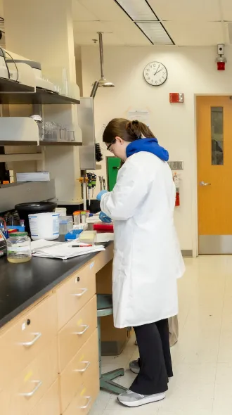 On the left, a researcher in a white coat works at a bench. On the right, three researchers in white coats converse 