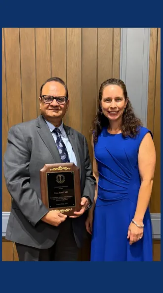 Three photos on a blue background. In each one, Dr. McKinney poses with a GME Award winner holding a plaque.