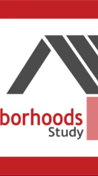 Logo for “The Neighborhoods Study,” featuring stylized gray roof shapes above the title and three vertical red bars.
