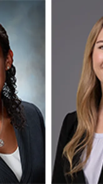 Two portrait photos of Doctors Madison Crutcher and Elizabeth Bittner. Both physicians are in business dress, dress jackets over white blouses.