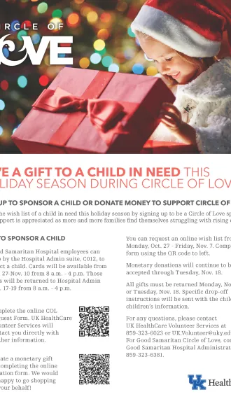 Circle of Love flyer with information about how to sponsor a child this holiday season (same instructions are in article)